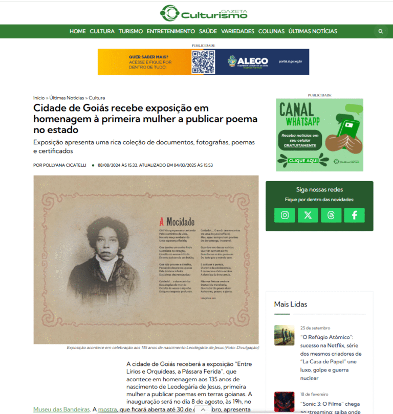 Cidade de Goiás recebe exposição em homenagem à primeira mulher a publicar poema no estado Gazeta Culturismo Google Chrome